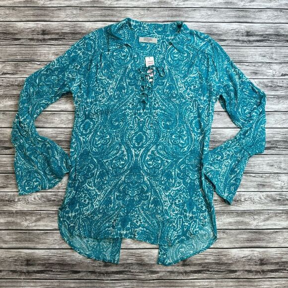 Women's Lucy Love Lace Up Casanova Blouse Tunic Teal Paisley L NWT - Picture 14 of 15